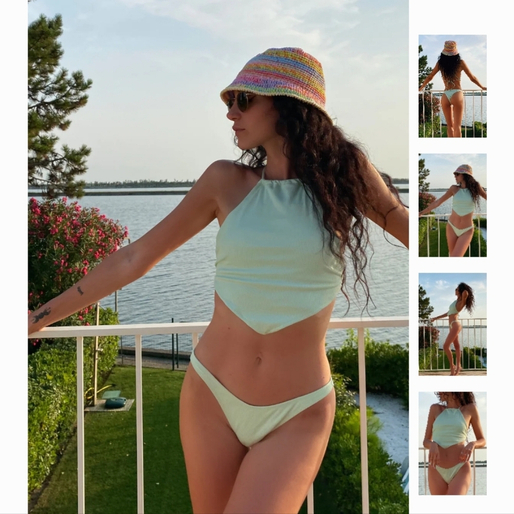 💟 Shein Ribbed High Waist Brazillian Halter Bikini Mint Green Large
